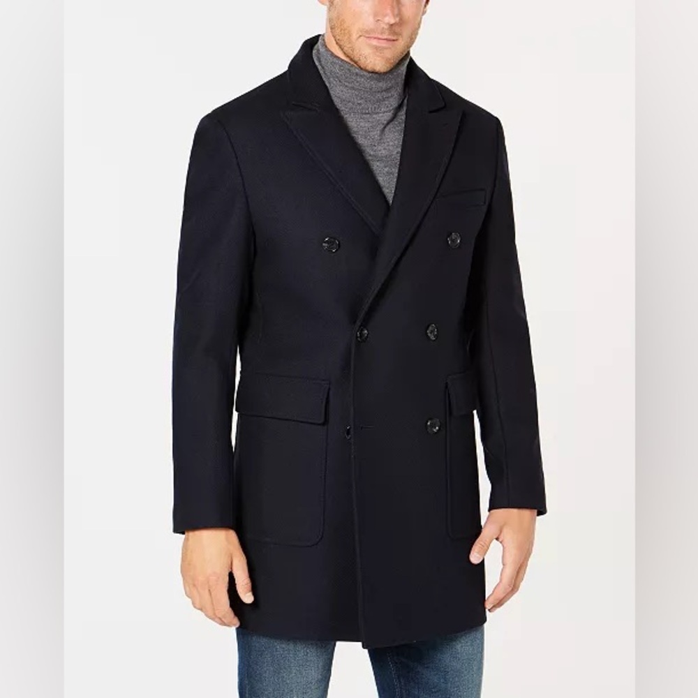 Michael Kors Men’s Slim Fit Dark Navy Double-Breasted Wool Pea Coat